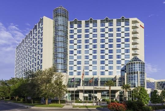 Exterior of the Sheraton Myrtle Beach on a sunny day in Myrtle Beach, South Carolina.