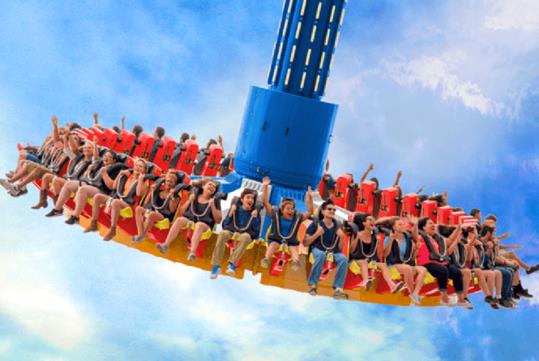 Park guests with raised hands and screaming on the pendulum ride, the WONDER WOMAN Lasso of Truth with a blue sky behind them.