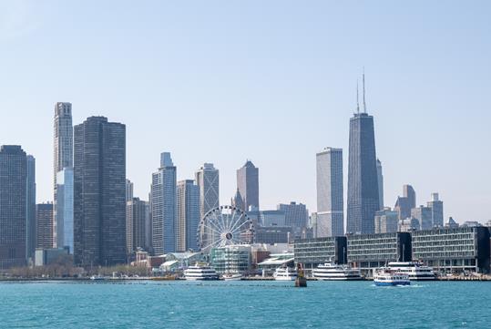 View of the skyline of the city of Chicago from the water on the Skyline Lake Tour on a sunny day.