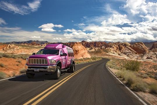The Tour Trekker driving down the road through the desert Valley of Fire - Pink Jeep Tour in Las Vegas, NV
