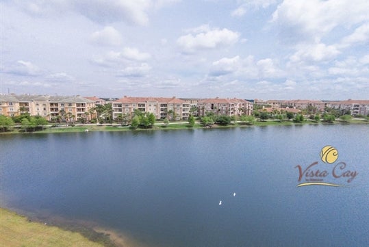 Aerial view of the condos and the lake
