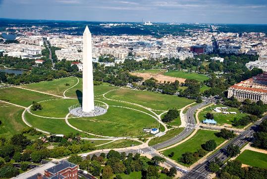 An aerial view of the Washington Monument.