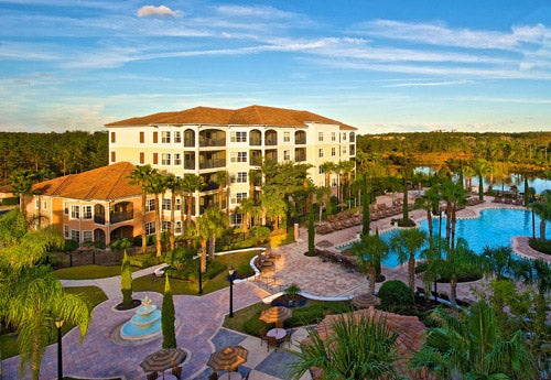 Aerial view of WorldQuest Resort Orlando and the pool area.