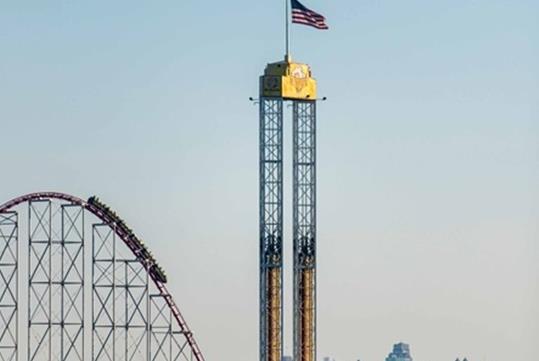 Aerial view of the Detonator drop ride at Worlds of Fun amusement park in Kansas City, MO