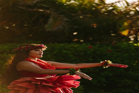 Grand Wailea Luau dancer in traditional attire performing a Hawaiian hula dance.