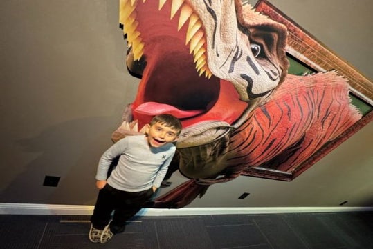 A young boy stands in front of a 3D wall art display of a roaring dinosaur emerging from a picture frame.
