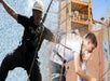 A person in climbing gear hangs on ropes outdoors, while a man helps a child climb an indoor rock wall.
