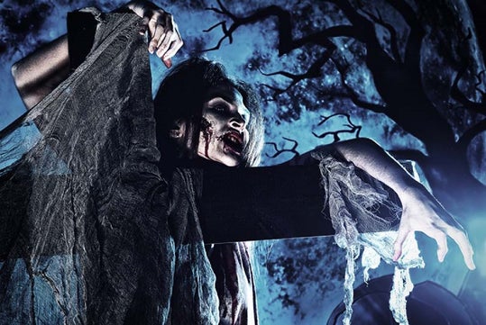 Person in tattered costume and makeup poses as a zombie or ghost against a dark, eerie background with leafless branches and a full moon.