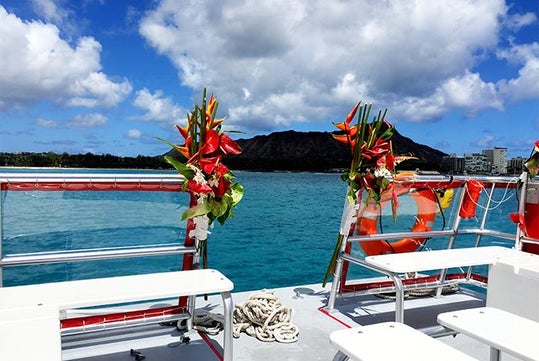 A view of the ocean from the deck on the Hawaii Glass Bottom Boat Afternoon Cruise on Oahu in Honolulu, Hawaii.