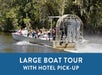 An air boat full of people and a blue box saying "Large Boat Tour with Hotel Pick-Up" with Airboat Adventures in New Orleans, Louisiana, USA.