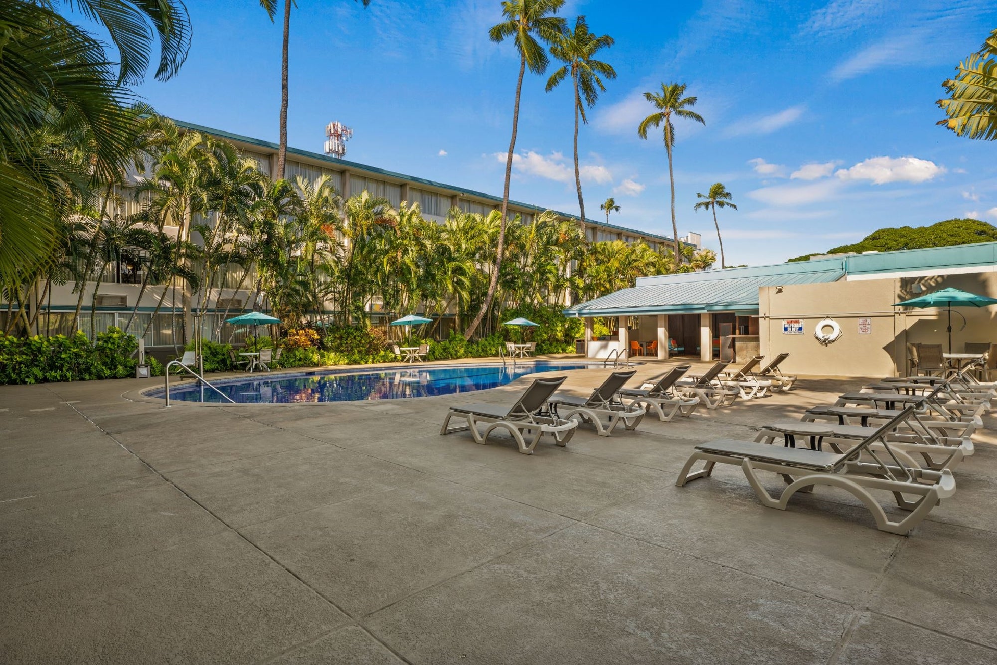 Outdoor pool area with lounge chairs, umbrellas, and palm trees beside a hotel building under a clear blue sky.