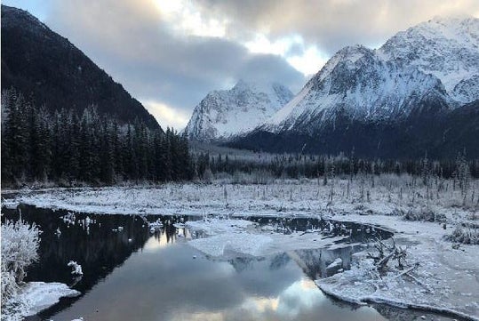 Snow-capped mountains in Chugach State Park on the Valley & Forest Hike.