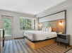 A hotel room with a neatly made bed, side table, telephone, and large window with a view of trees. Neutral tones and modern decor.