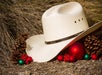 A white cowboy hat rests on the ground among pinecones, red berries, and red and green Christmas ornaments, with dried grass in the background.