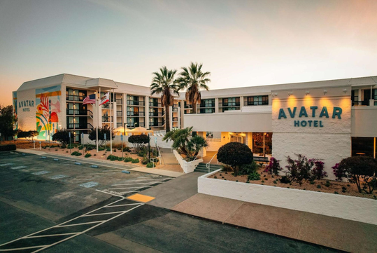 Exterior view of the Avatar Hotel at sunset, featuring palm trees, a mural on the side wall, and several national flags at the entrance.