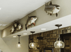Three light fixtures with decorative fish art pieces mounted on the wall above them at the Bass Pro Shops Angler’s Lodge in Springfield.