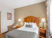 1 King bed, bedside lamps, and seating area in a guest room.