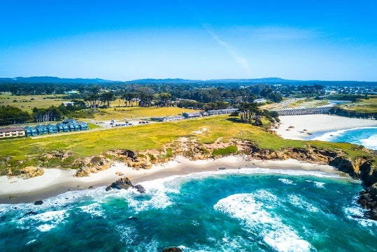 Aerial view of Beachcomber Motel and  the Mendocino coast in Fort Bragg, CA.