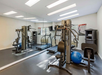 A small gym with exercise equipment including a treadmill, weight machine, exercise ball, and mirrored wall. Posters are on the walls, and there's natural light from windows.