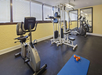 Small gym with exercise bike, weight machine, elliptical, mirror, blue mat, and orange dumbbells.
