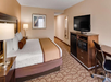One king bed, a mini-fridge, microwave and a flat-screen TV inside a non-smoking room.