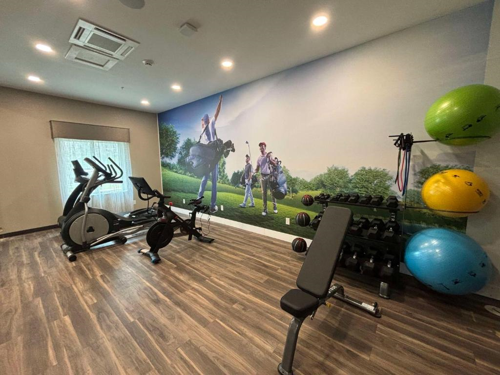 A gym room with exercise equipment, including stationary bikes, a bench, weights, and exercise balls, features a wall mural of people playing golf.