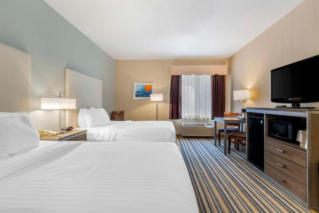 Hotel room with two double beds, bedside lamps, a TV, a desk, and a chair. The room features a striped carpet and large window with curtains.