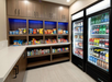 A hotel pantry with wooden shelves filled with snacks and drinks. Two refrigerated display cases contain assorted beverages.