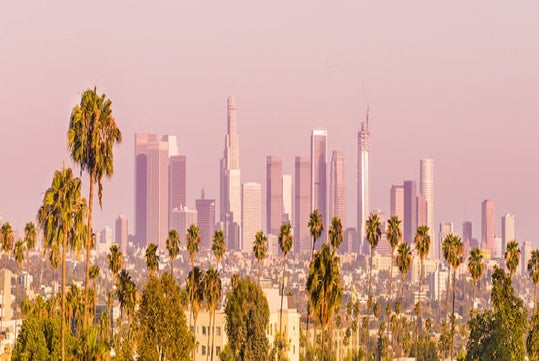 Skyline of Los Angeles with palm trees in the foreground and tall buildings under a pinkish sky.