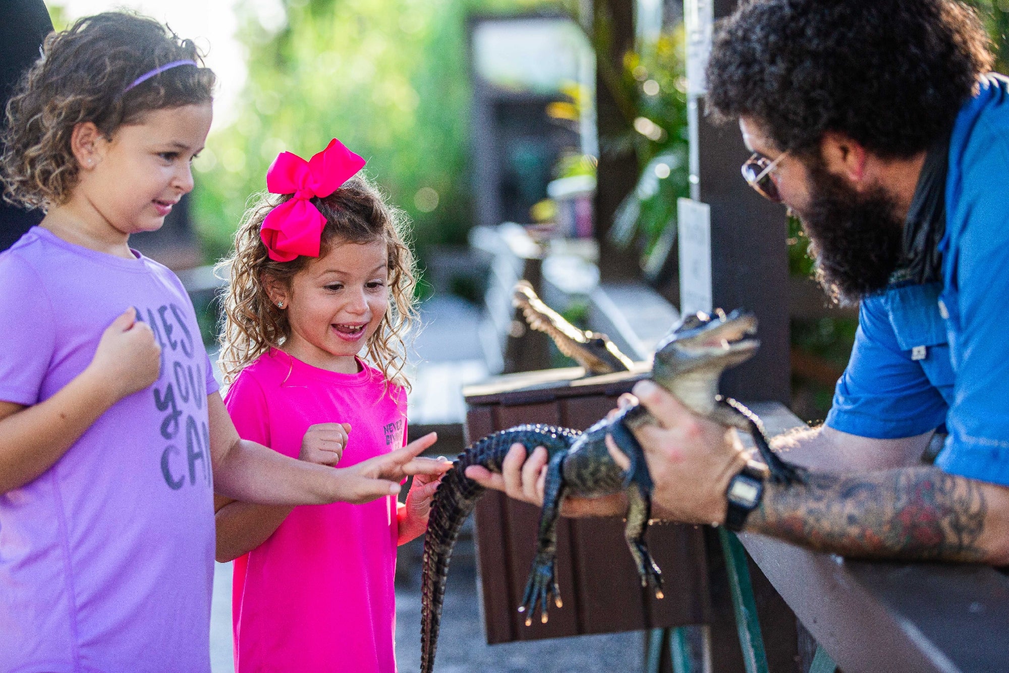 Two young girls touch a small alligator held by a bearded man outdoors; one girl looks excited while the other observes calmly.