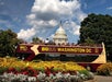 Double-decker tour bus labeled "Big Bus Washington DC" in front of the US Capitol, with flowers and trees in the foreground and a partly cloudy sky.