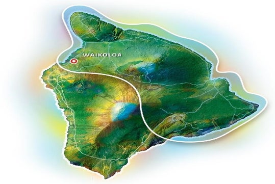 Topographical map of the Big Island of Hawaii highlighting Waikoloa with a red marker.