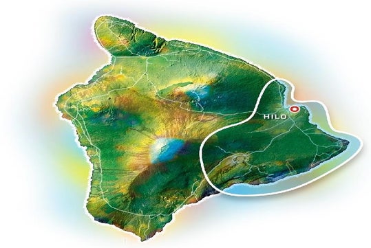 A topographic map of the Big Island with a white outline and a marker on Hilo with Blue Hawaiian Maui Helicopter Tours on the Big Island, Hawaii, USA