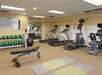 A gym room with treadmills, ellipticals, a weight bench, exercise mats, a stability ball, and a rack of weights. A rules sign is visible on the wall.
