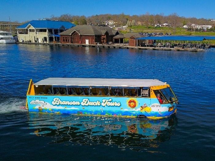Branson Duck Tours amphibious vehicle on Lake Taneycomo in downtown Branson, Missouri.