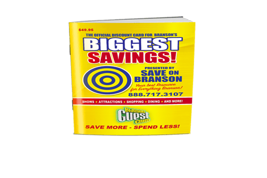 Yellow booklet titled "Biggest Savings!" with discount offers for Branson. Includes contact number and reads "Save More - Spend Less!.