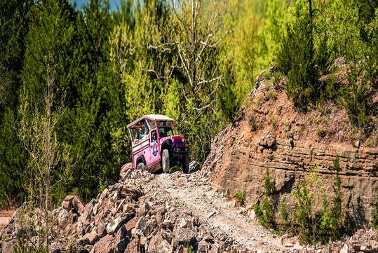 Pink jeep driving on a rocky trail through a wooded area on a sunny day.