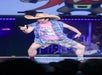 A person wearing a cowboy hat, plaid sleeveless shirt, pink graphic tee, and camo shorts performs energetically on stage with a microphone headset.