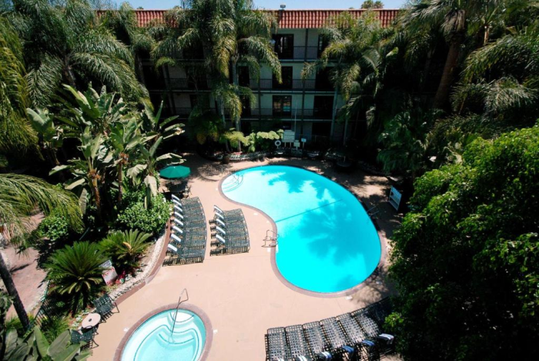 An aerial view of a hotel courtyard with a kidney-shaped pool, a small round hot tub, surrounded by lounge chairs and lush palm trees.