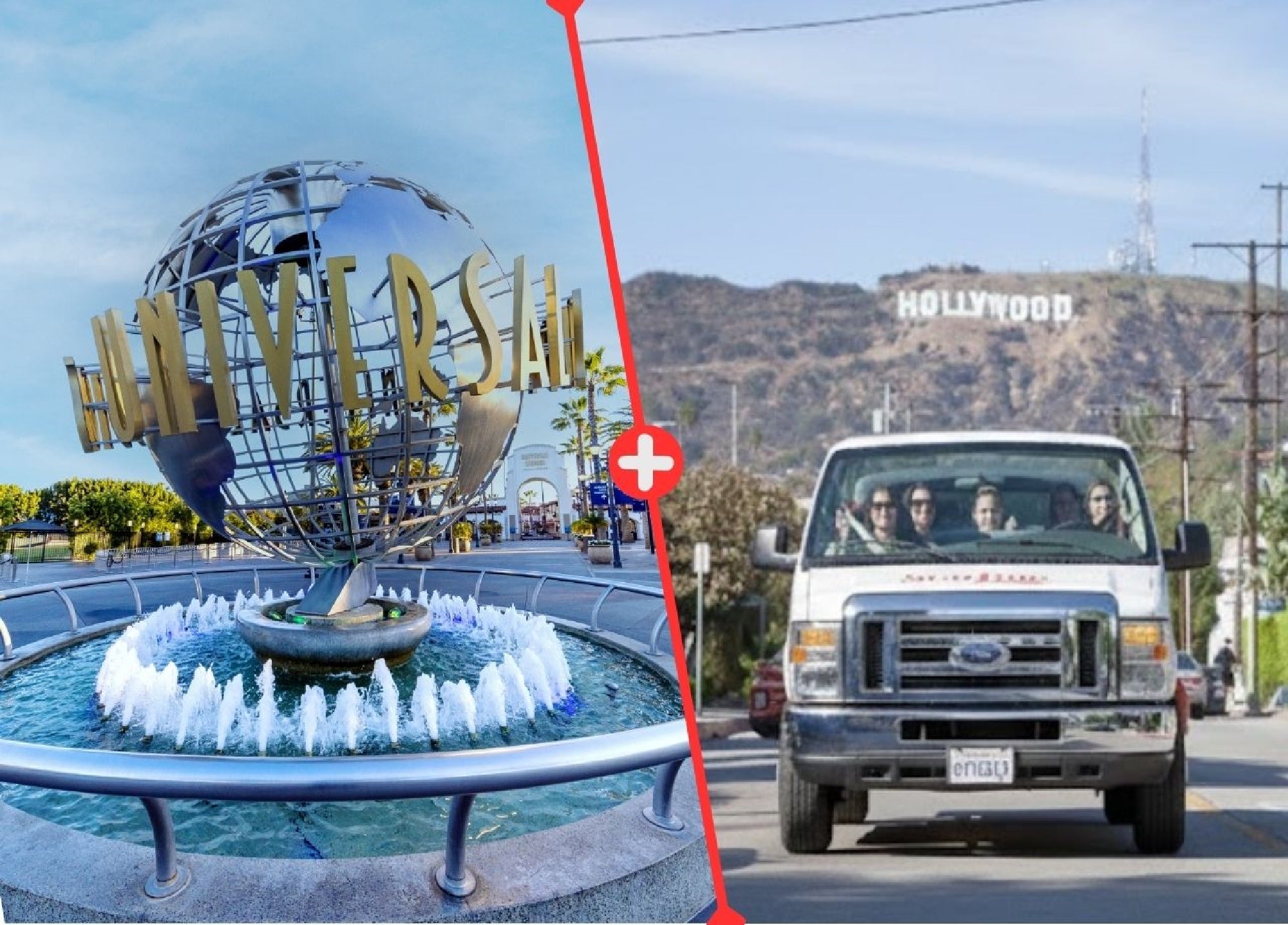 Split image: Left shows Universal Studios’ globe sculpture with fountain; right shows a tour van driving toward the Hollywood sign in Los Angeles.