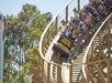 A train of cars filled with guests enjoying the thrill of the descent on Gold Striker, Northern California’s tallest and fastest wooden roller coasters found at California’s Great America.