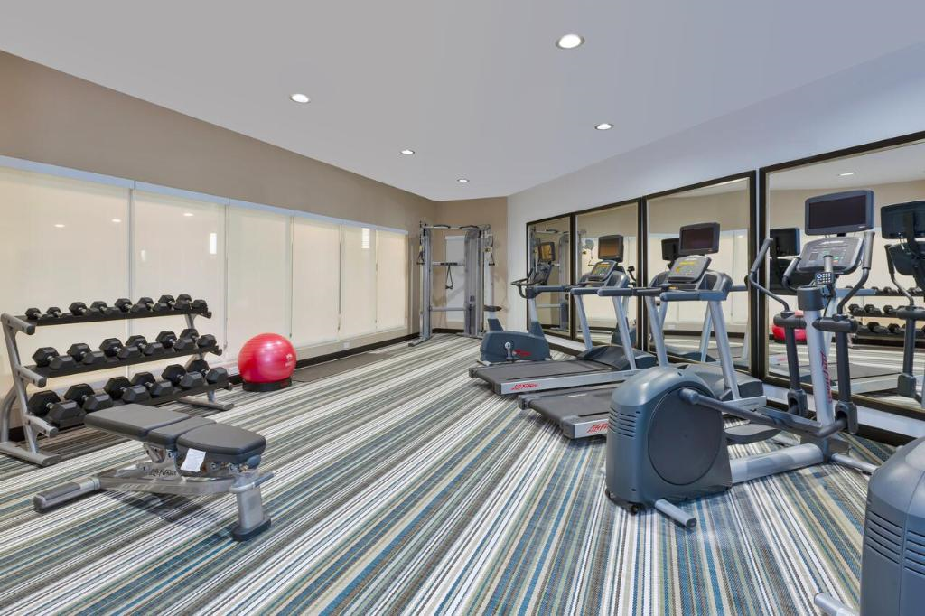 A modern gym with ellipticals, treadmills, a bench, free weights, and a red exercise ball on a striped carpet. Mirrors line one wall.