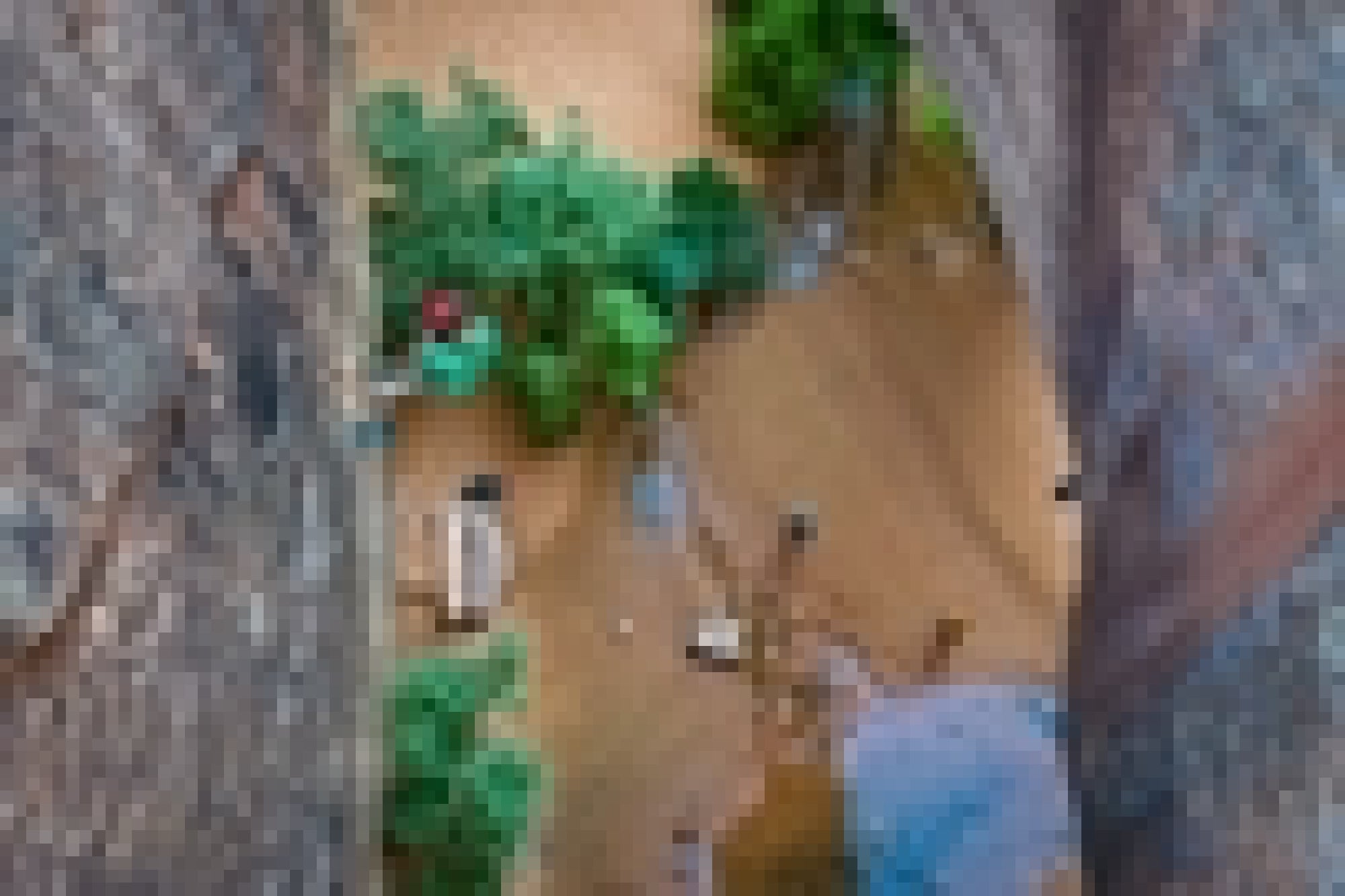 Aerial view of people gathered between two tall rock formations, with greenery and sandy ground.