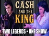 Two Elvis Presley impersonators perform on stage with a sign behind them that reads "Cash and the King: Two Legends • One Show.