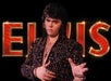 A man in an Elvis-style outfit poses in front of large illuminated letters spelling "ELVIS" against a black background.