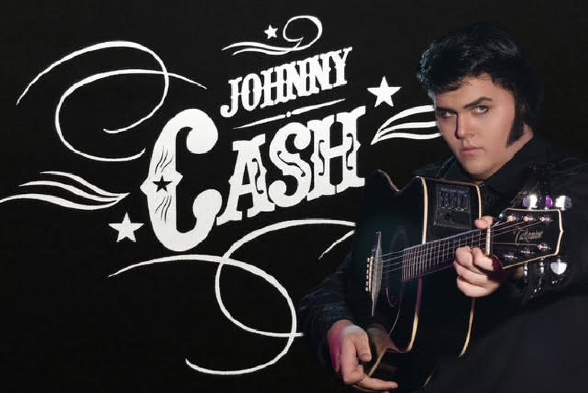 A man dressed in black holds an acoustic guitar next to stylized text reading "Johnny Cash" on a dark background.