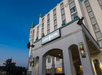 View looking up at the front of the Castle Hotel at dusk in Orlando, Florida.