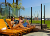 Sun loungers near Mission Bay.
