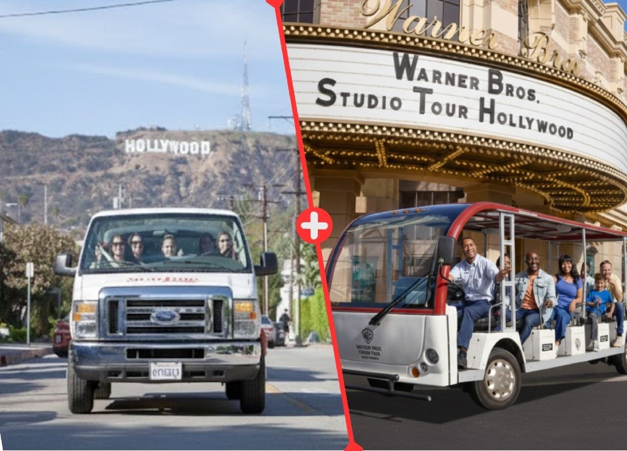 Split image with a Hollywood tour van on the left driving near the Hollywood sign, and a Warner Bros. Studio Tour tram with visitors on the right in front of the theater marquee.