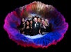 A group of people in formal attire and dancers with colorful feather fans arranged in a circle around them.